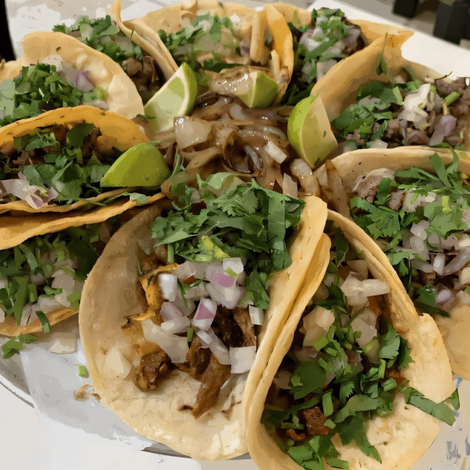 A platter of La Barra Del Taco's Mexican street tacos, garnished with cilantro, onions, and lime wedges.